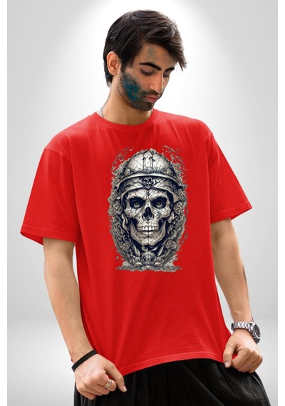 Kask Miğfer İskelet Asker Pamuklu Bisiklet Yaka Unisex Oversize Boyfriend Dijital Baskılı Kırmızı T-shirt Kırmızı