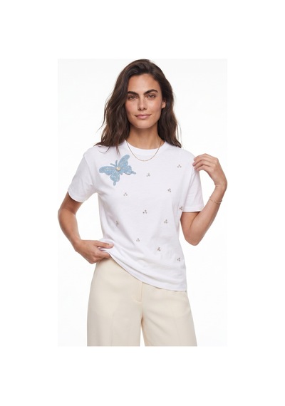 Onloox Kadın Beyaz Beyaz Pamuklu Kısa Kollu Bisiklet Yaka Kelebek Aksesuarlı Taş İşlemeli Örme T-shirt