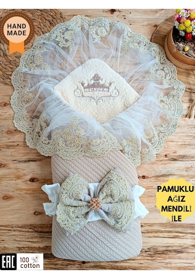 Mint Triko Örgü Bebek Kundağı - Pamuklu & Dantelli Yenidoğan Bebek Battaniyesi Vizon