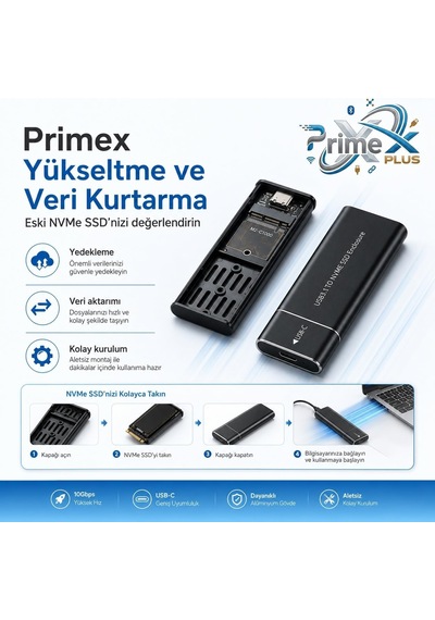 Primex Px-m220 M.2 Nvme Ssd Kutusu, Type-c Usb 3.0/3.1 10gbps Harici Ssd Kutu, Pcıe Nvme Tek Çeltik M-key Ssd Uyumlu, Alüminyum Taşınabilir Ssd Muhafaza, 8tb Destekli