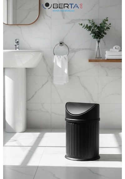 Vintage Sallanır Kapaklı Banyo Ve Mutfak Çöp Kovası - Dekoratif Pratik Kapak Tasarım Çöp Kutusu Siyah