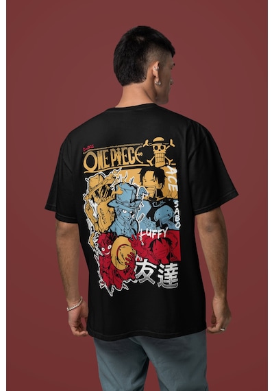 Ace Sabo Monkey D. Luffy Sırt Baskılı Unisex Oversize One Piece K Siyah