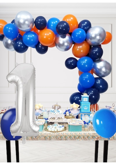 1 Yaş Kozmik Temalı Doğum Günü Seti Kozmik Mavi Turuncu Gümüş Mavi Balonlar Gümüş Folyo Rakam Çok Renkli