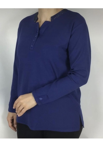 Yakası Taşlı Ve Düğmeli Spor Anne Bluz Saks