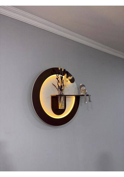 Primula Dekoratif Duvar Rafı Led Işıklı Ahşap İskandinav Tarzı Modern Salon Duvar Rafı Çiçeklik 50 Cm Paris Grisi - Ahşap Ceviz