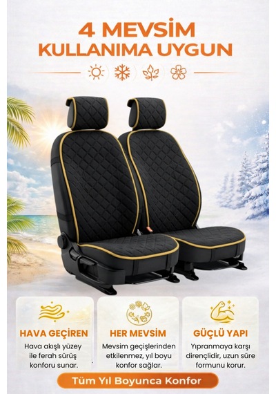 Oto Koltuk Kılıfı Tay Tüyü 2'li Ön Minder Terletmez Kaymaz Airbag Uyumlu - Siyah Bej