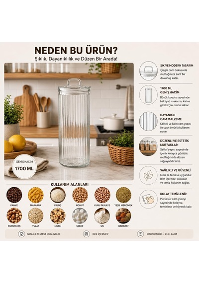 1700 Ml Cam Saklama Kavanozu Kapaklı Borosilikat Cam Kahve, Bakliyat, Makarna Ve Kuruyemiş Saklama Kavanozu Çok Renkli