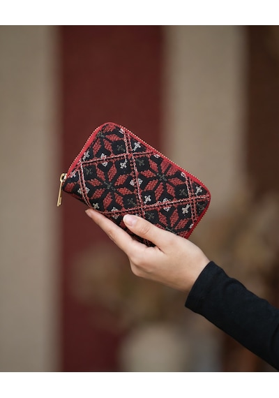 Zaytoon Filistin Geleneksel Renkli Kırmızı Nakışlı Tek Fermuarlı Kadın Büyük Cüzdeni 14x9 Cm A100030 Kırmızı