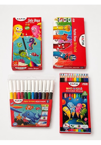 Fatih 4 Lü Boyama Seti 12 Li Sulu Boya Pastel Boya Keçeli Kalem Kuru Boya Çok Renkli