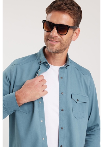 Tudors Erkek Regular Fit Rahat Kesim Çift Cepli Spor Yaka Denim Petrol Gömlek-36858 Petrol