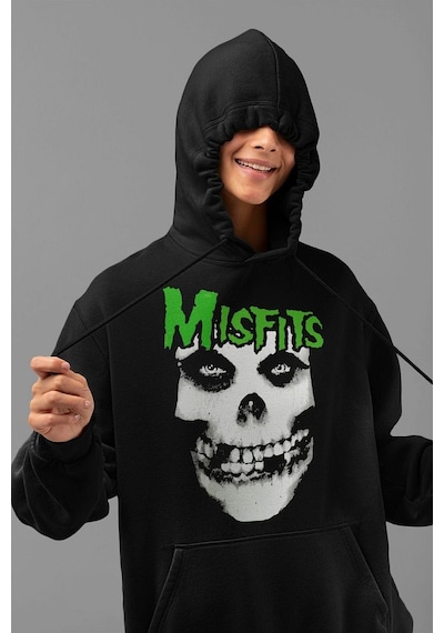 Sevbano Tasarım Misfits Baskılı Unisex Oversize Müzik Grubu Hoodie Siyah