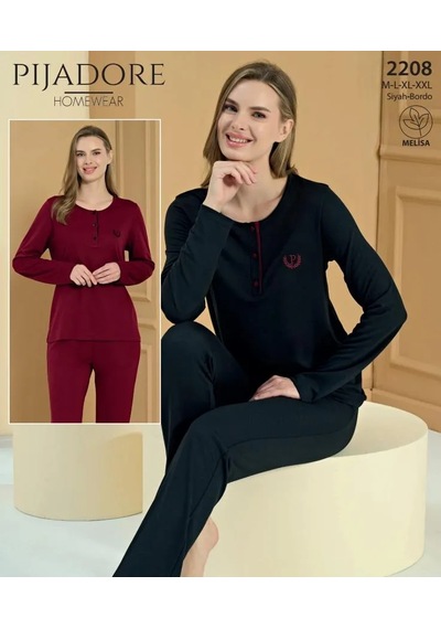 Feyza Pijadore Kadın Üç Düğmeli Uzun Kollu Mevsimlik Pijama Takımı 2208 Bordo