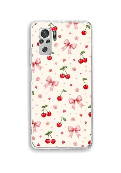 Redmi Note 10 / 10s Uyumlu Pembe Fiyonklu Ve Kiraz Desenli Krem Baskılı Silikon Kılıf