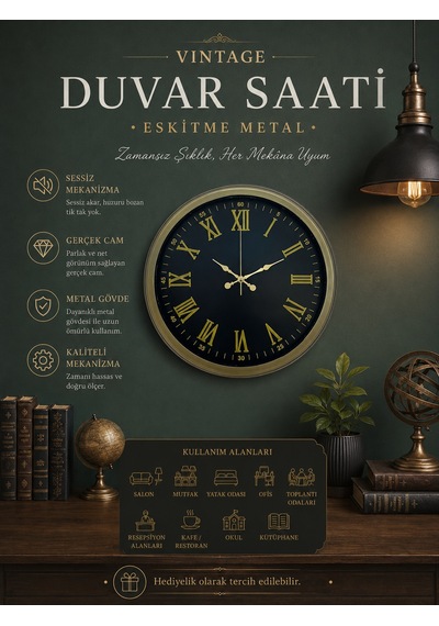 40 Cm Metal Vintage Roma Rakamlı Duvar Saati Eskitme