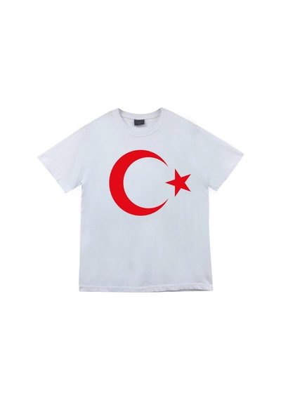 Unisex Beyaz Ay Yıldız Baskılı Tshirt Beyaz