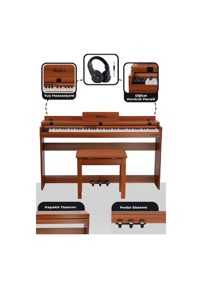 Midex PLX-140 PRO-OR Dijital Piyano Bluetooth Tuş Hassasiyeti 88 Tuşlu Kapaklı (Kulaklık ve Tabure)