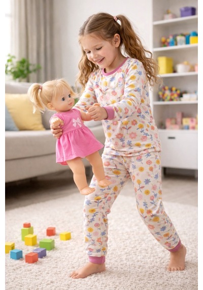Kız Çocuk Flower Desenli 8 - 13 Yaş Pijama Takımı Krem