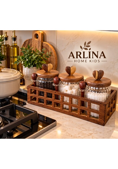 3 Lü 570 Ml Cam Kavanoz & Ahşap Stand Seti Şeffat Cam - Akasya Ahşap Kapak