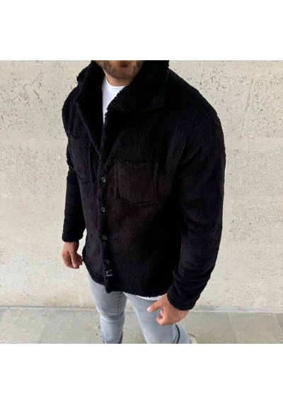 Valensdesign Erkek Pelüş Polar Hırka Gömlek Yakalı, İlik Düğmeli, Göğüs Cepli, Yumuşak Dokulu Kışlık Regular Fi Siyah