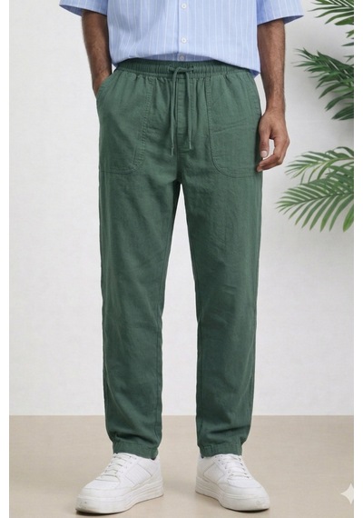 Cool Tarz Haki Renk Erkek Yazlık Keten Karışımı Relaxed Pantolon Haki Haki