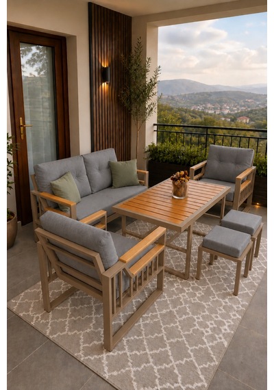 Esinti Serisi Balkon Takımı, 2-1-1 Cappuccino Bahçe Takımı, 2'li Koltuk 70x150, 2 Tekli Koltuk 70x70, Masa 70x110, 2 Puf Gri Esinti Serisi Balkon Takımı, 2-1-1 Cappuccino Bahçe Takımı, 2'li Koltuk 70x150, 2 Tekli Koltuk 70x70, Masa 70x110, 2 Puf Gri