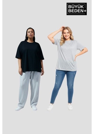 Superlife Büyük Beden Kadın Basic Bisiklet Yaka 2'li Tişört Seti Spr26btsk510+2 Açık Gri Superlife Büyük Beden Kadın Basic Bisiklet Yaka 2'li Tişört Seti Spr26btsk510+2 Açık Gri