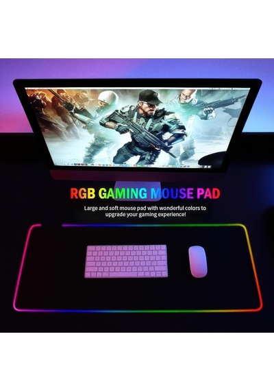 Rgb Led Işıklı Gaming Mousepad Düz Siyah Kaymaz Tabanlı Kenarları Dikişli Suya Dayanıklı Mouse Pad 30x80 Cm