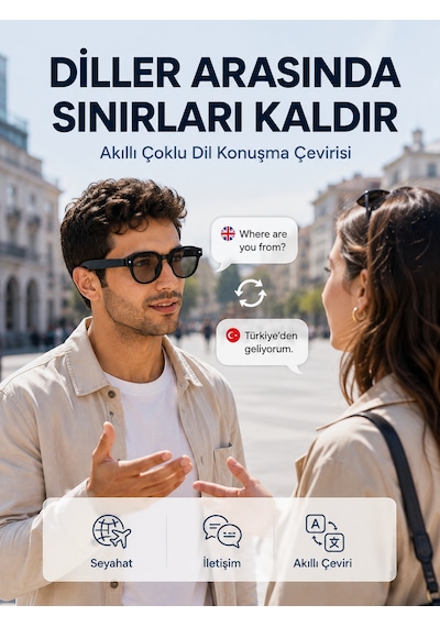 Siyah Aı Akıllı Gözlük Fotoğraf Video Ses Kayıtlı Çoklu Dil Çeviri Bluetooth Bağlantılı 3 Lensli