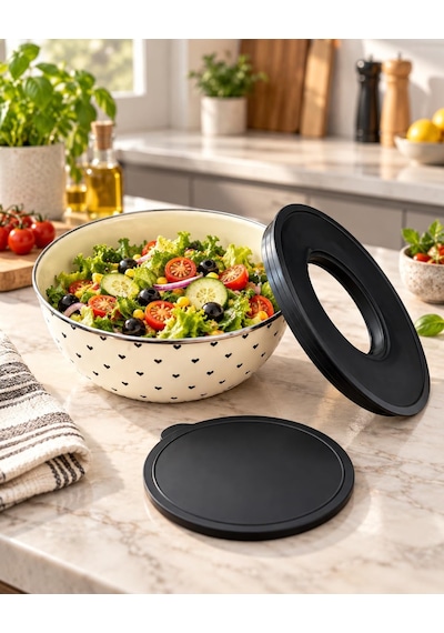 Kalpli Desenli Kapaklı Salata Kasesi, 2 Litre, Krem/siyah Diğer