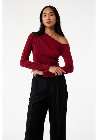 Koton Slim Fit Drape Detaylı Uzun Kollu Asimetrik Tek Omuz Tişört Bordo 6wak80016ek Bordo