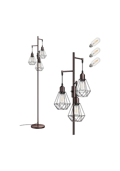 Edishine 3 Başlıklı Dimlenebilir Retro Ayaklı Lamba E27 Led, Kafes Şapkalı, 166 Cm Lambader Kahverengi Diğer