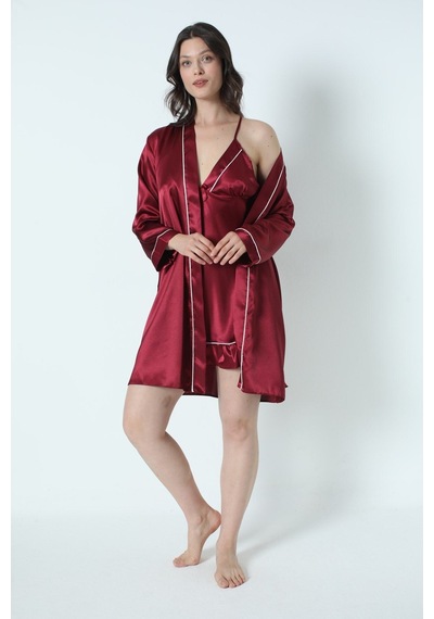 Alissa Kadın Bordo Saten Çeyiz Seti 6 Parça Beyaz Biyeli Sabahlık Gecelik Pijama Şortlu Takım 8630 Bordo
