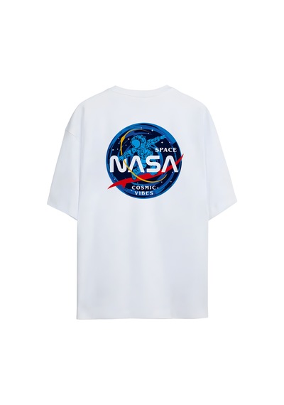 Noıssey Nasa Cosmic Vibes Tasarımlı Unisex Oversize T-shirt Beyaz