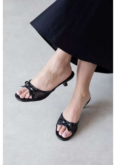 Wolk Shoes Tilda Kadın Topuklu Saten Fileli Sandalet Siyah Siyah