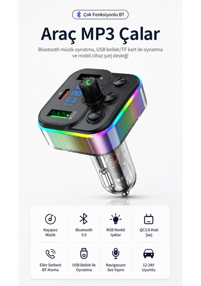 Bluetooth Araç Kiti Fm Transmitter Usb Type-c Pd Rgb Led Işıklı Flash Bellek Mp3 Çakmaklık Girişli