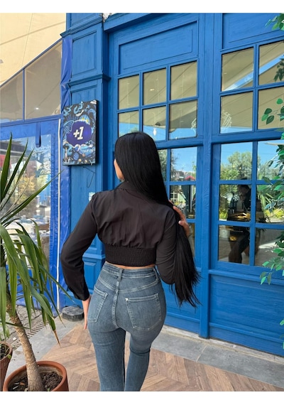 WeShaya Siyah Desenli Polyester Parçalı Gömlek Siyah