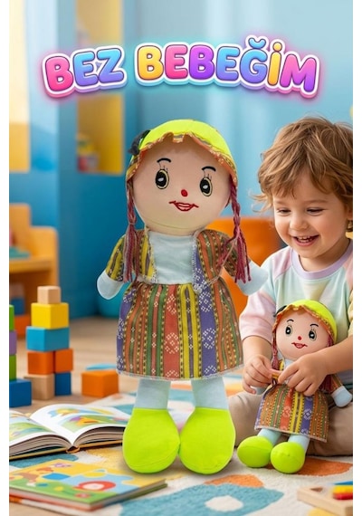 Yöresel Oyun Arkadaşım Büyük 45cm Yöresel Elbiseli Ve Şapkalı El Yapımı Oyuncak Bez Bebek Yeşil