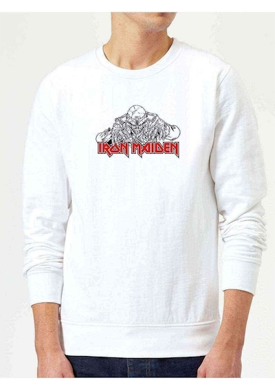 Iron Maıden Eddıe On Logo Rock Baskılı Beyaz Erkek Örme Sweat