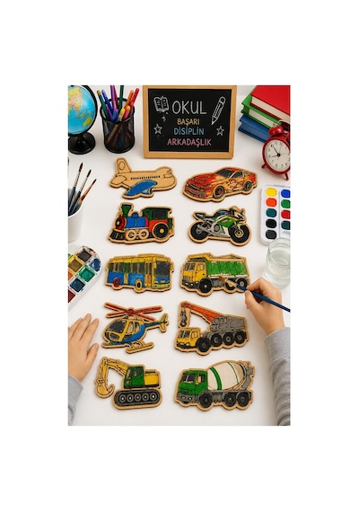 Ahşap Boyama Otobüs 24 Adet 10x15cm Araba Boyama Figürü Etkinlik Çoçuk Gelişim Motor Beceri Kreş Anasınıfı