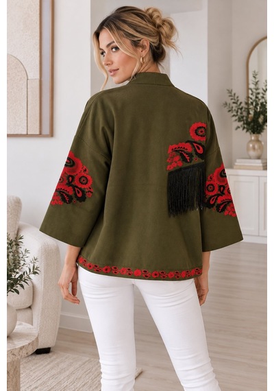 Lima Haki Kadın Nakışlı Ceket Etnik Desenli Püskül Detaylı Kimono Ceket