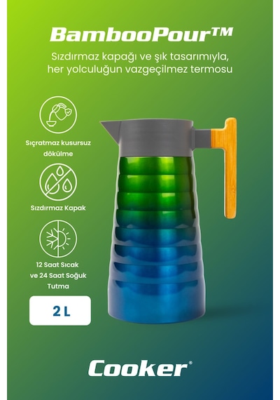 Cooker Bamboopour 2 Litre Paslanmaz Çelik Bambu Saplı Termos Ckr2097 Yeşil