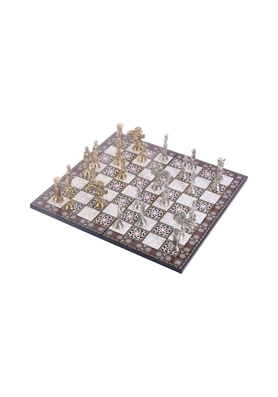 Büyük Boy Metal Pegasus Atları Satranç Takımı Parlak Ve Katlanır Sedef Desenli Mdf Ahşap Satranç Tahta 43x43 Cm.