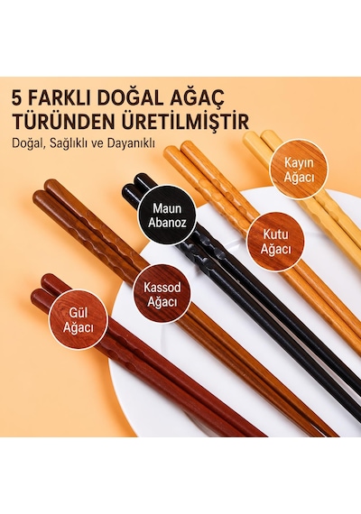 Valkyrie 5 Çift Doğal Ahşap Japon Yemek Çubuğu Seti 22,4 Cm Kaymaz El Oyması Kutulu Chopstick Seti
