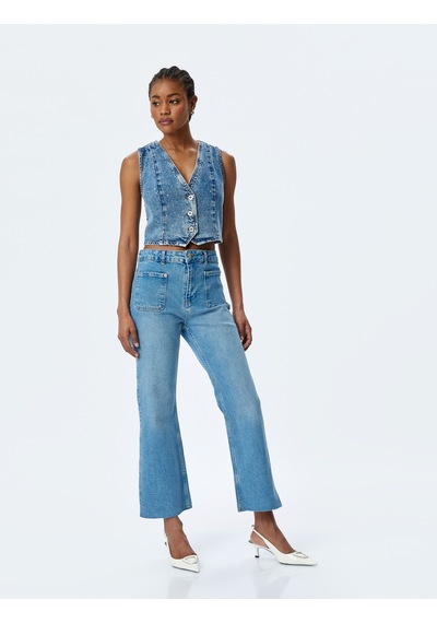 Koton İspanyol Paça Düğmeli Normal Bel Denim Pantolon - Flare Jeans Orta İndigo 5sal40132md Indigo