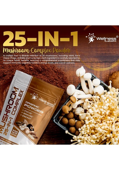Wellness Mushroom 25 In 1 Complex -organic Powder - Focus - Immune - Energy 2000mg - 120 Servis