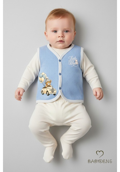 Babyden's Erkek Bebek 3 Lü Jakarlı Yelek Set Çıtçıtlı Bebek Yeleği Ayıcık Baskılı,pamuklu,yenidoğan Yelek Seti Ekru - Mavi