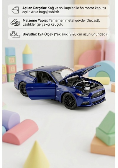 Maisto Lisanslı Metal Ford Mustang GT 2015 1:24 Kapısı ve Kaputu Açılabilir Oyuncak Model Araba