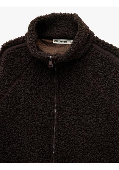Koton Uzun Kollu Dik Yaka Cep Detaylı Fermuarlı Oversize Peluş Ceket Kahverengi 6wmg60028ık Kahve