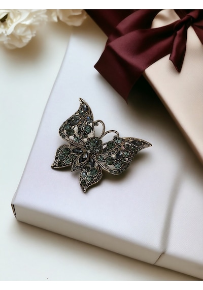 Black Diamond Swarovski Taşlı Kelebek Broş Gri