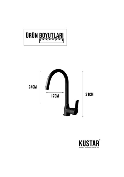 Kustar Armut Gövde Kuğu Borulu Mutfak Eviye Bataryası Mat Siyah